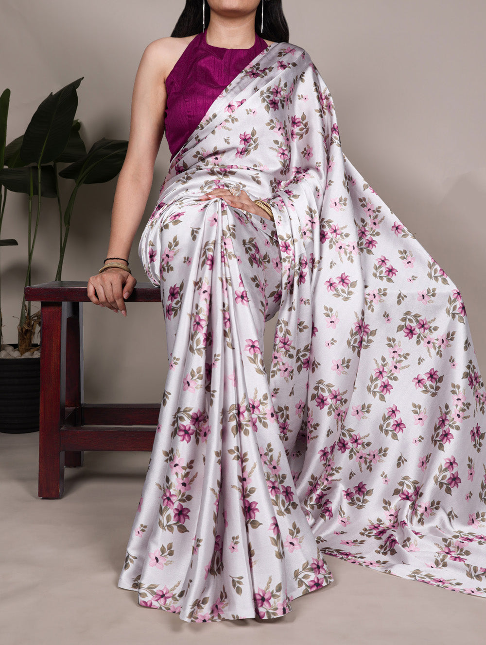Silver color printed satin silk saree
