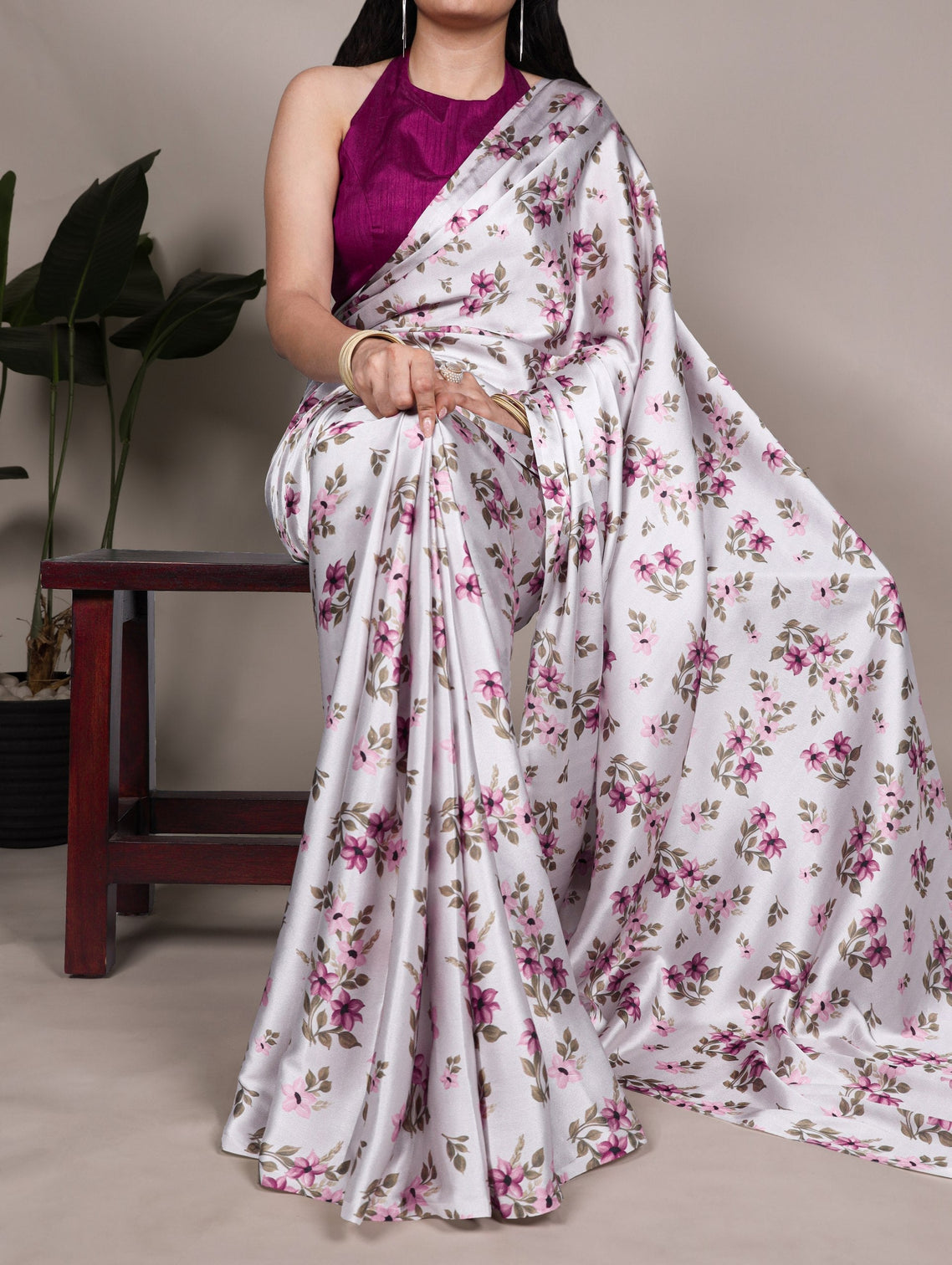 Silver Elegant Satin Silk Printed Saree with Banglory Blouse Piece – Soft, Lustrous & Timeless Ethnic Drape