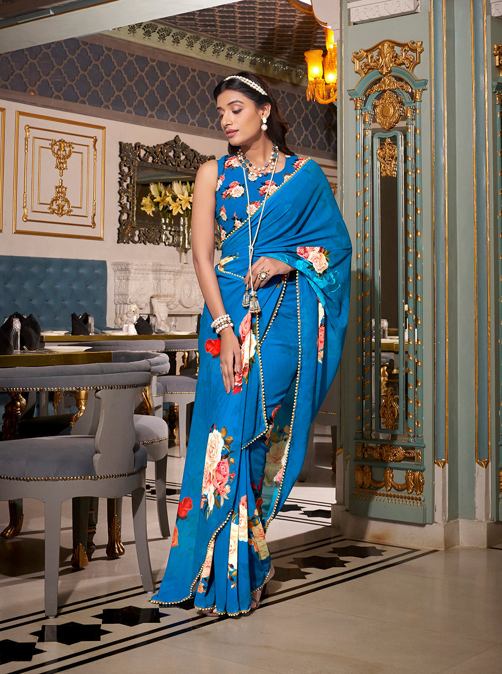 Firozi georgette plain saree with printed pearl lace border work