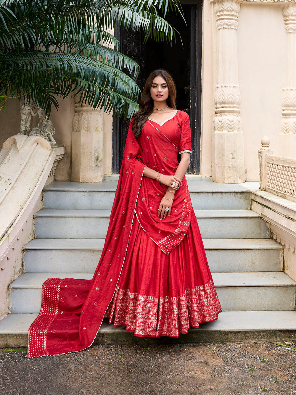 Elegant red zari weaving chanderi silk wedding lehenga choli with dupatta