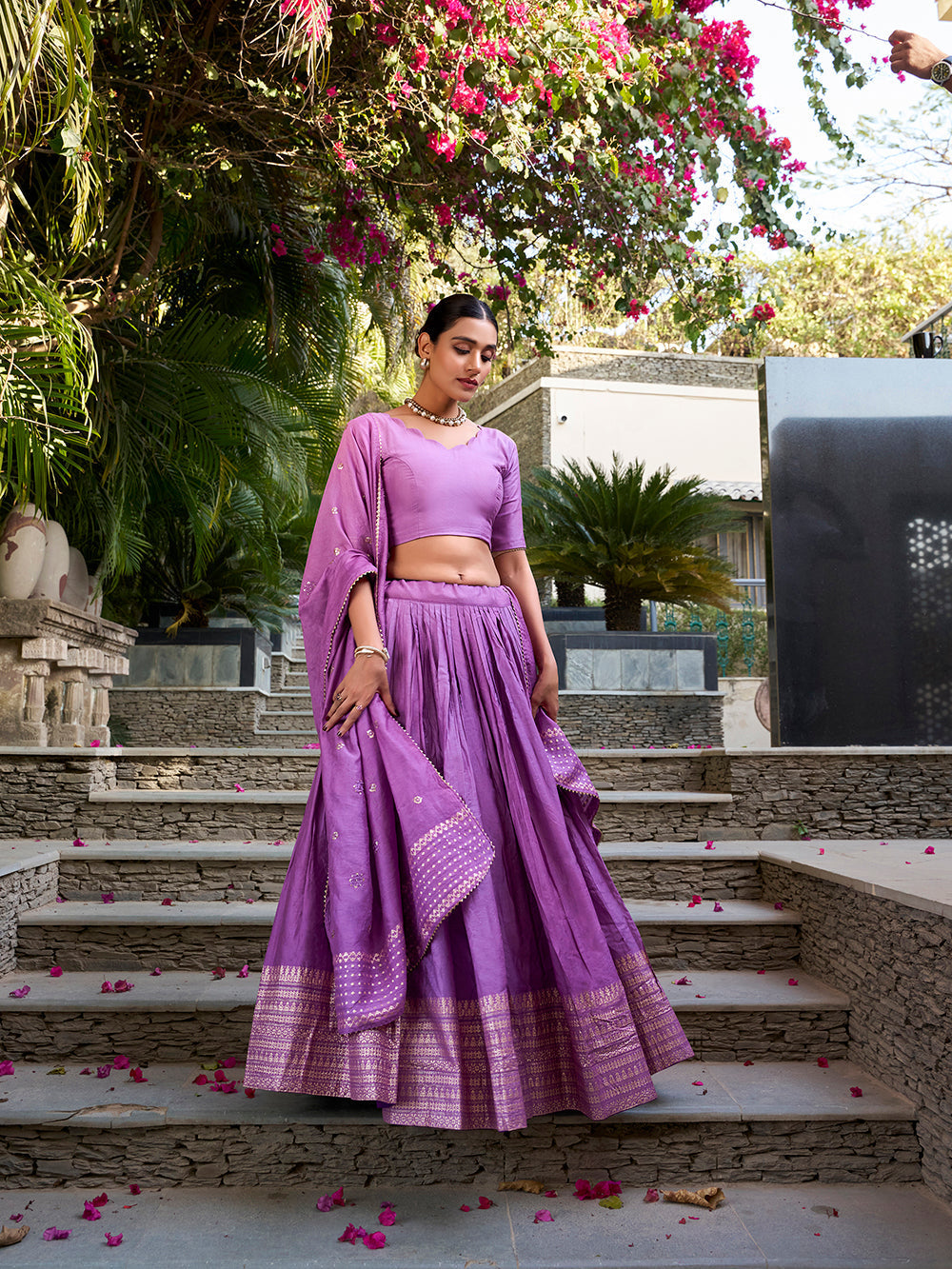 Purple chanderi silk lehenga choli with zari weaving matching dupatta
