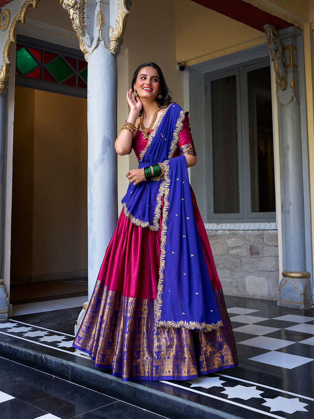 Pink narayan pattu lehenga choli with zari weaving embroidered georgette dupatta