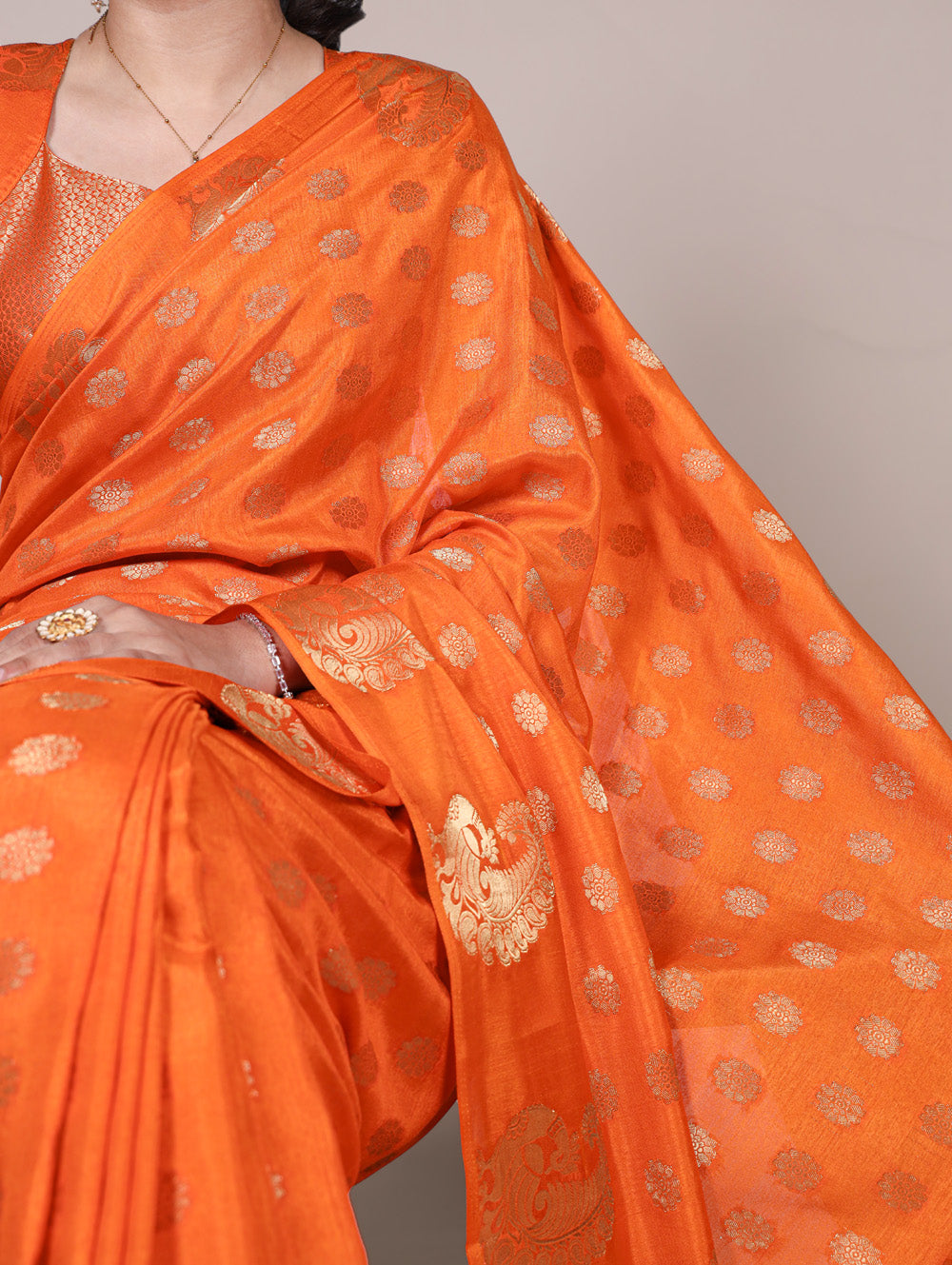 Orange roop silk saree with zari weaving unstitched blouse with lace