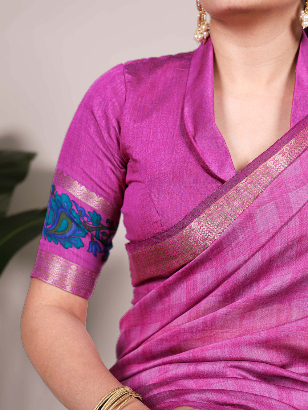 Pink printed polyester viscose chanderi saree with zari weaving border