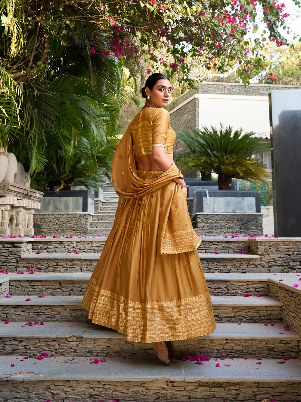 Mustard chanderi silk lehenga choli with timeless weave matching dupatta