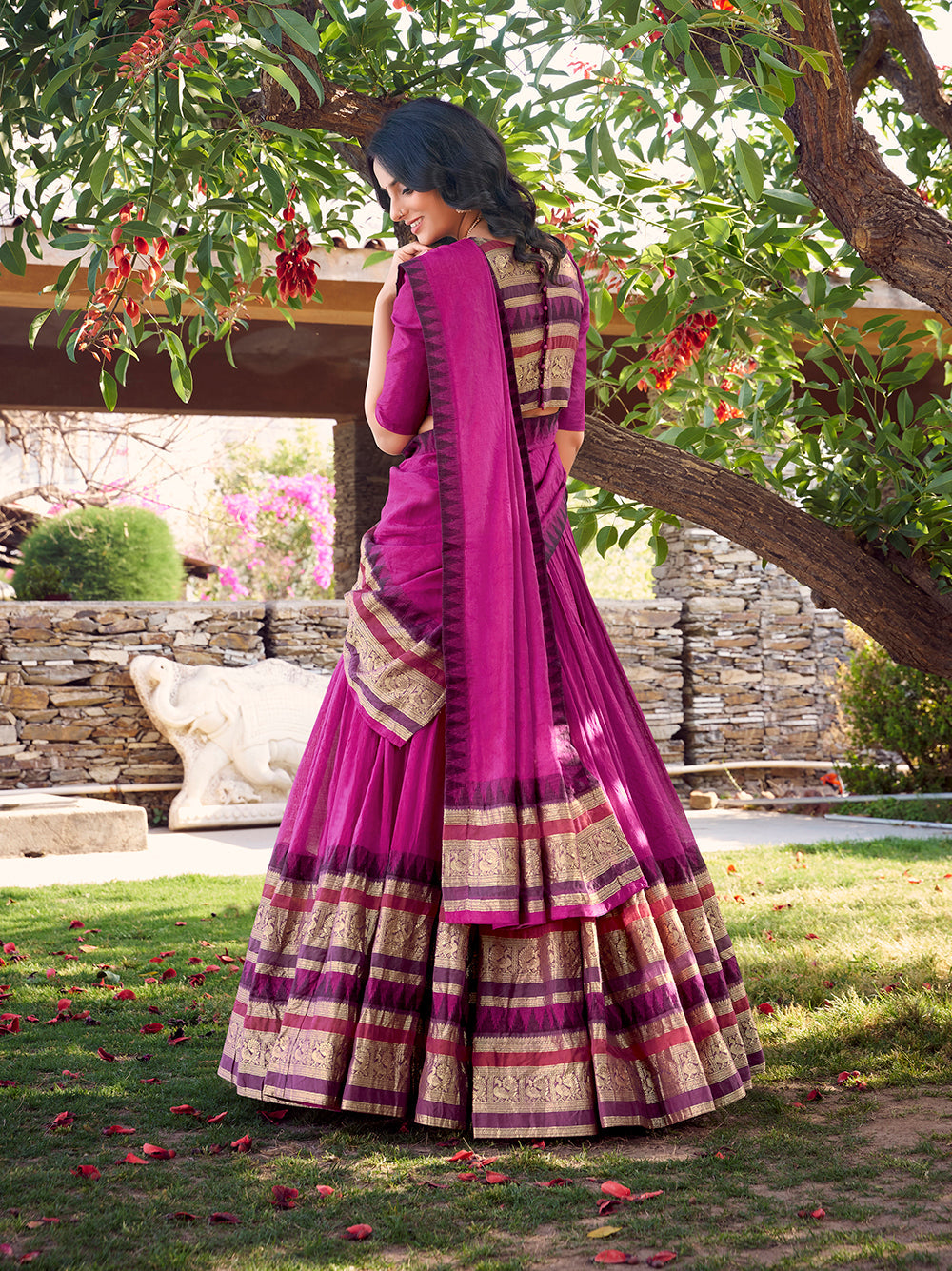 Soft pink chanderi lehenga choli with zari woven border matching dupatta