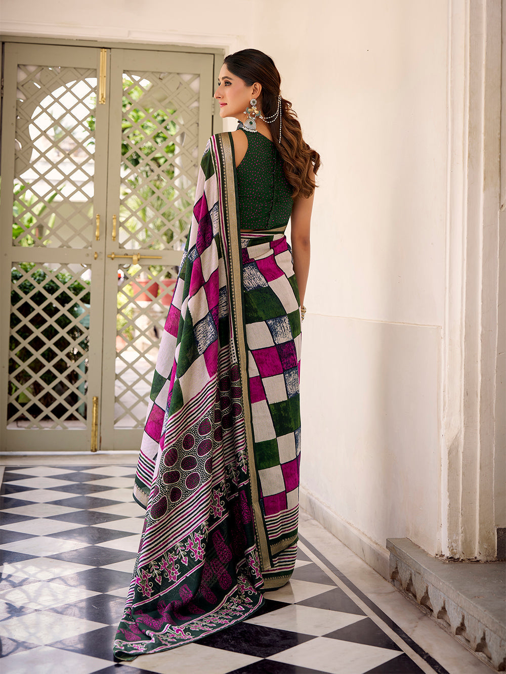 Green viscose chanderi check print saree with temple lace border blouse piece