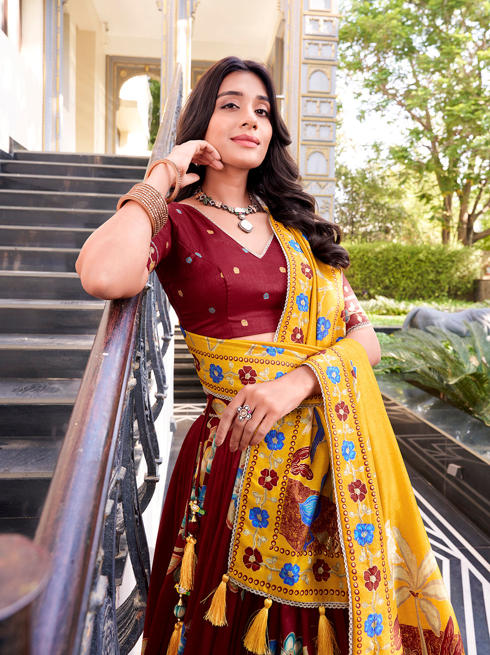 Royal maroon tussar silk lehenga choli with foil print lace accents matching dupatta