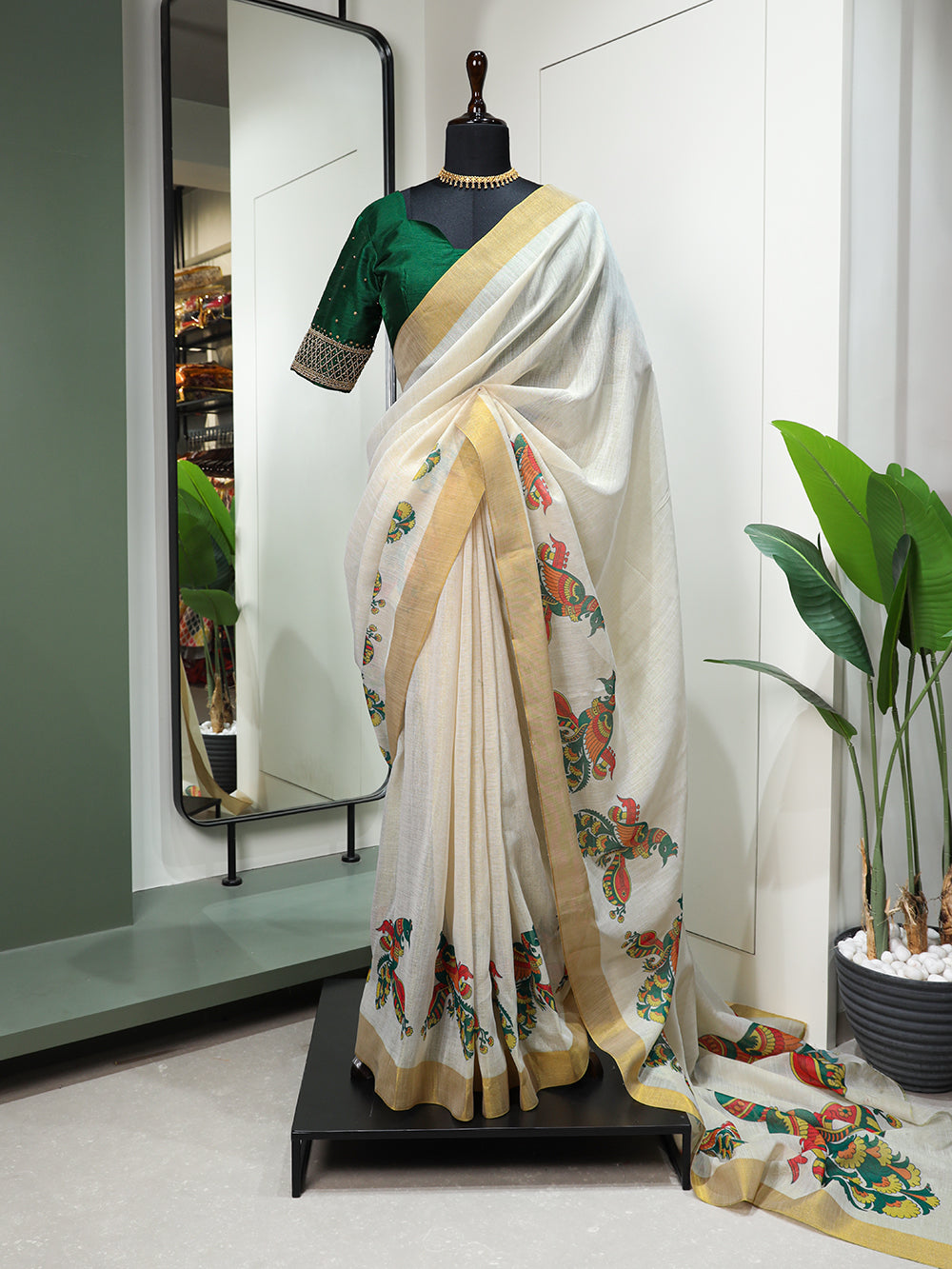 Sitar Design Printed Kasavu Zari Border Saree