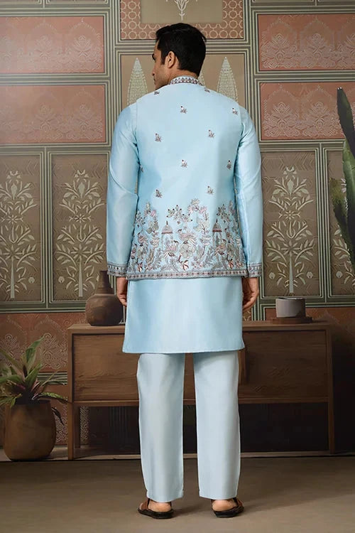 Sky Blue Embroidered Silk Koti Kurta Set for Mens