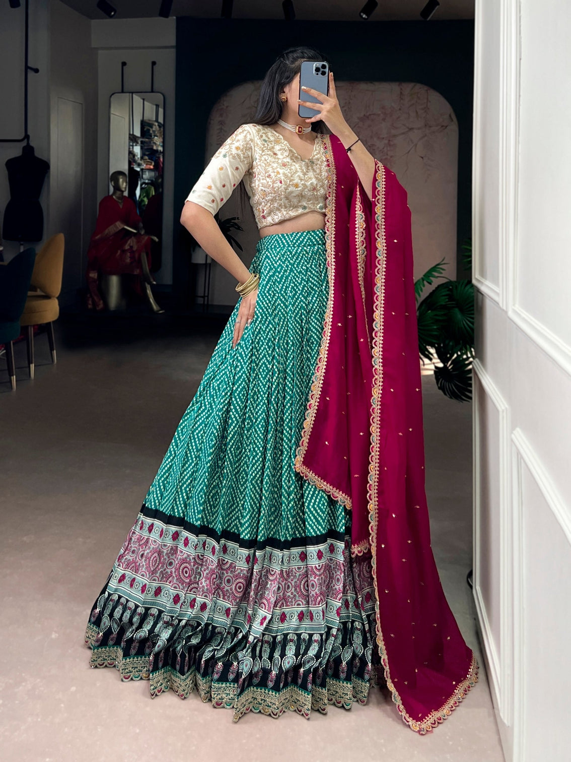 Sky Blue Bandhej & Ajrakh Printed Lehenga Choli Set