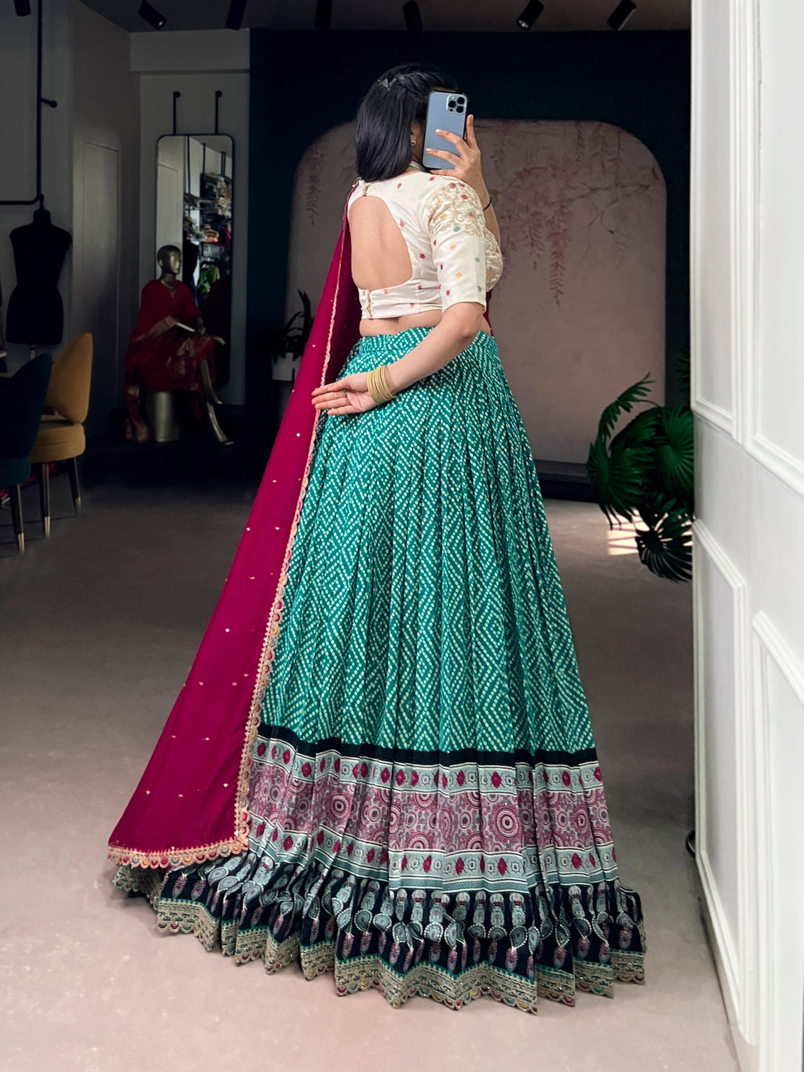 Sky Blue Bandhej & Ajrakh Printed Lehenga Choli Set