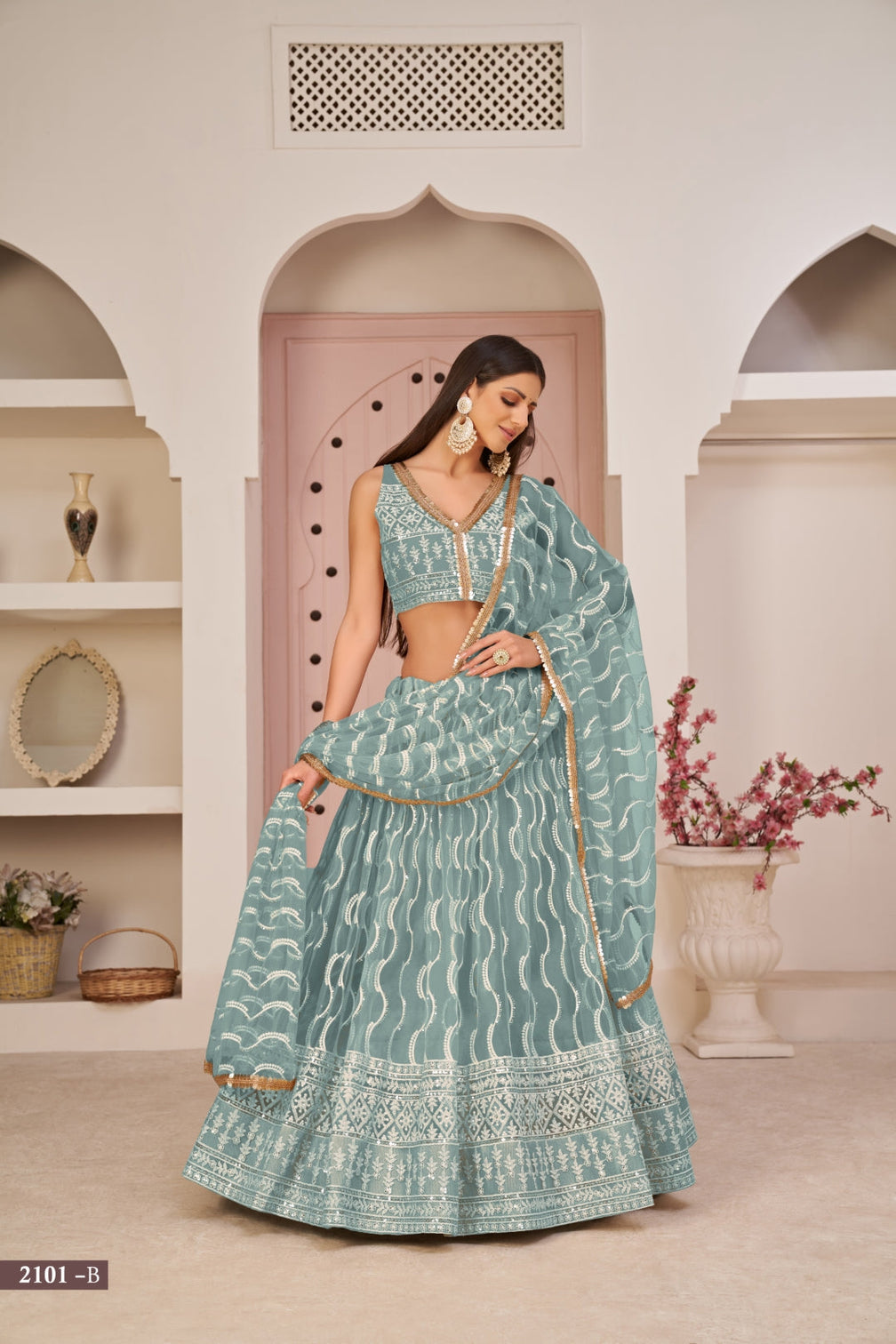 Sky Blue Butterfly Net Lehenga with White Cotton Thread, Zari, and Sandwich Sequence Embroidery