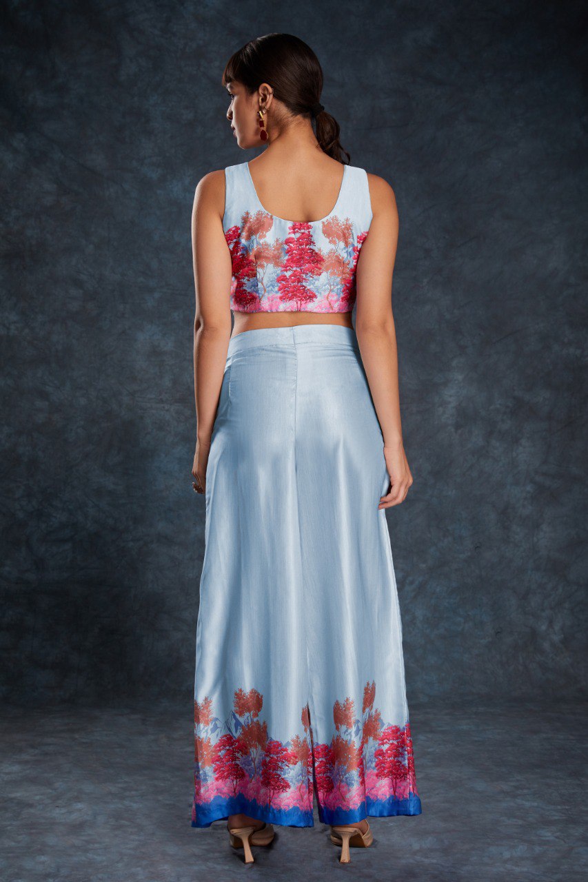 Sky Blue Chic Printed Satin Co-Ord Set Top & Pant