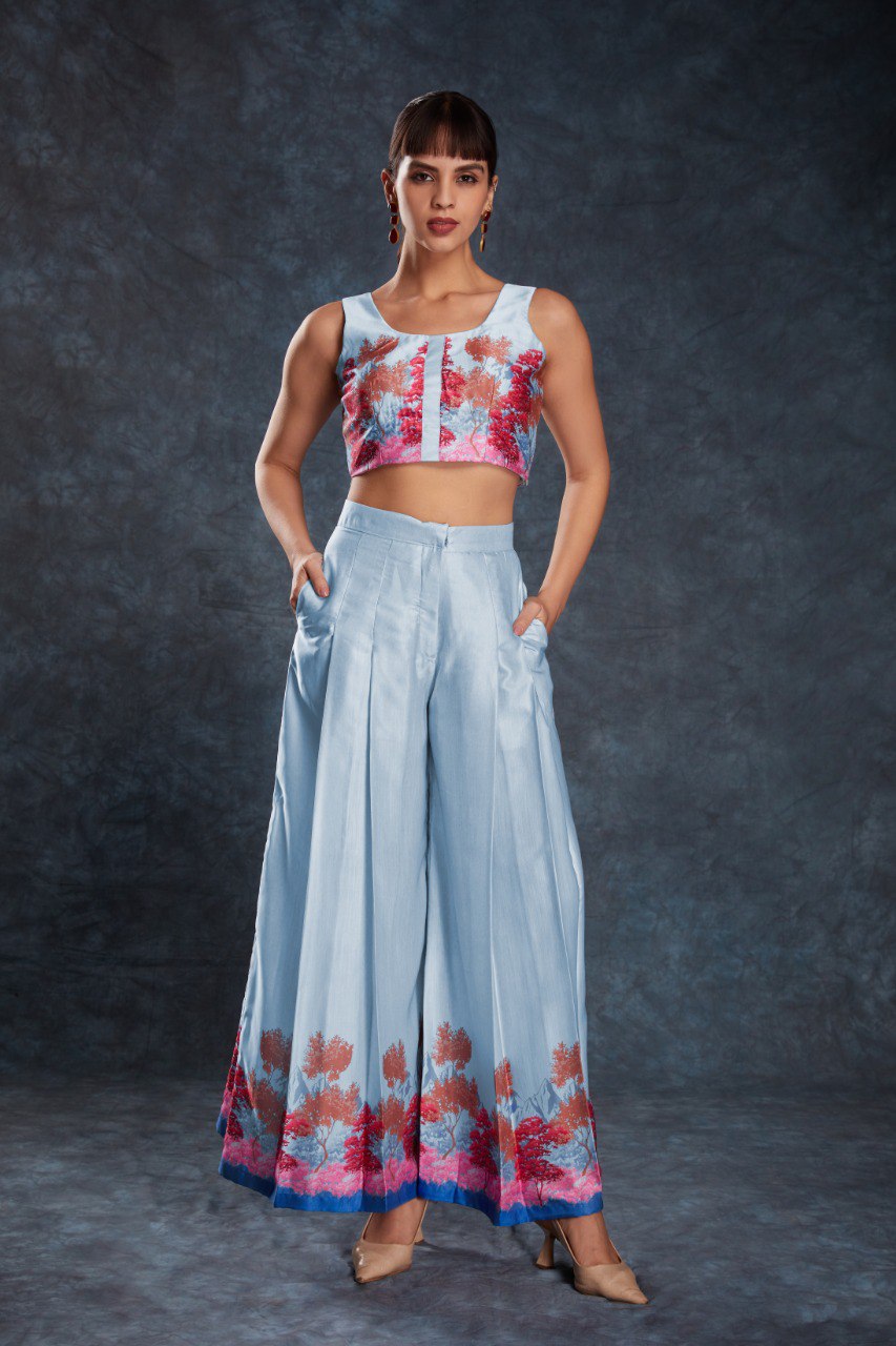 Sky Blue Chic Printed Satin Co-Ord Set Top & Pant