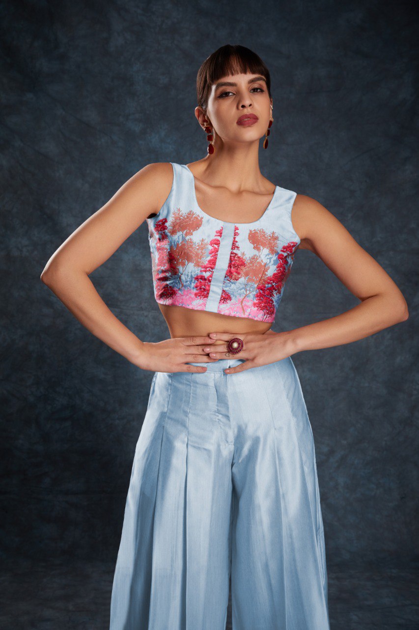 Sky Blue Chic Printed Satin Co-Ord Set Top & Pant