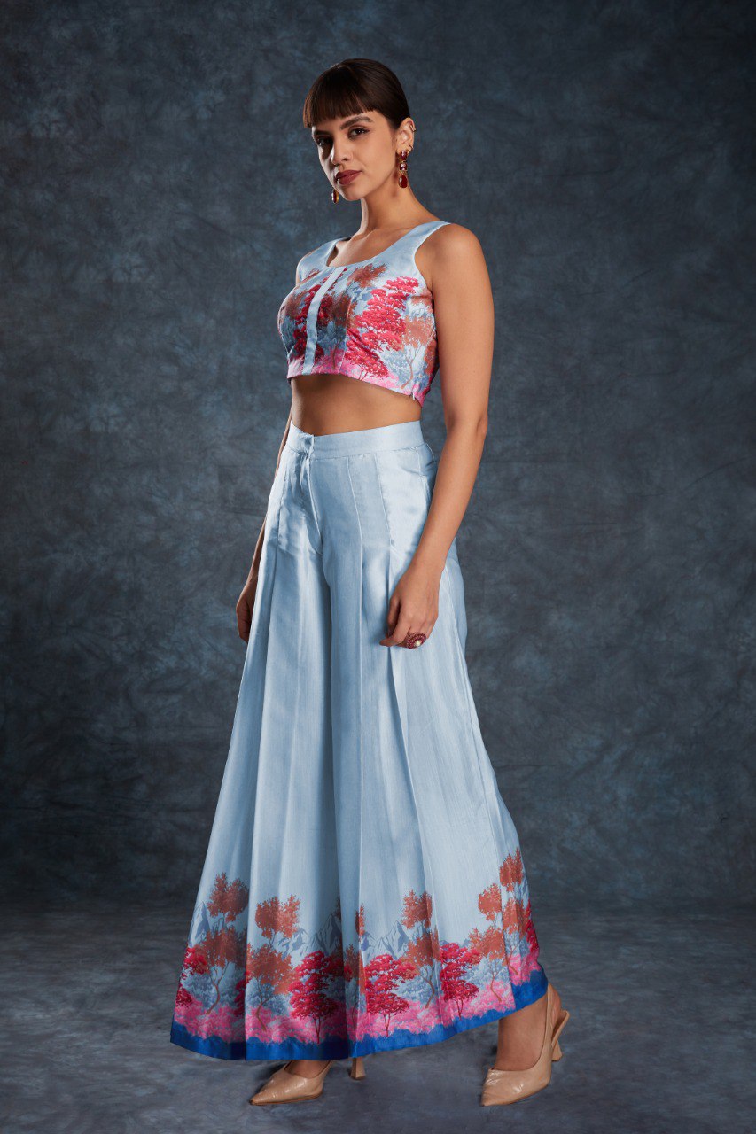 Sky Blue Chic Printed Satin Co-Ord Set Top & Pant