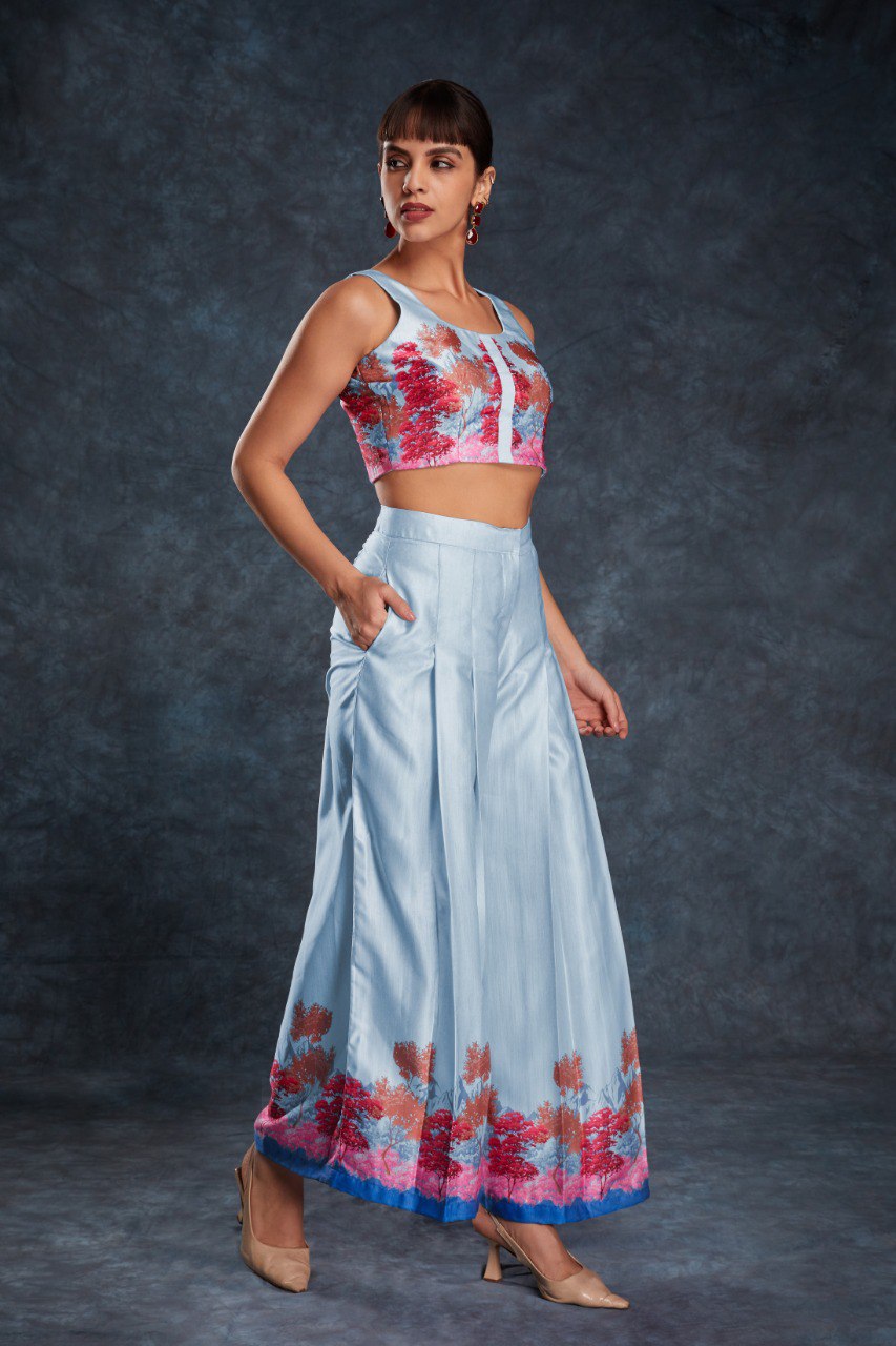 Sky Blue Chic Printed Satin Co-Ord Set Top & Pant