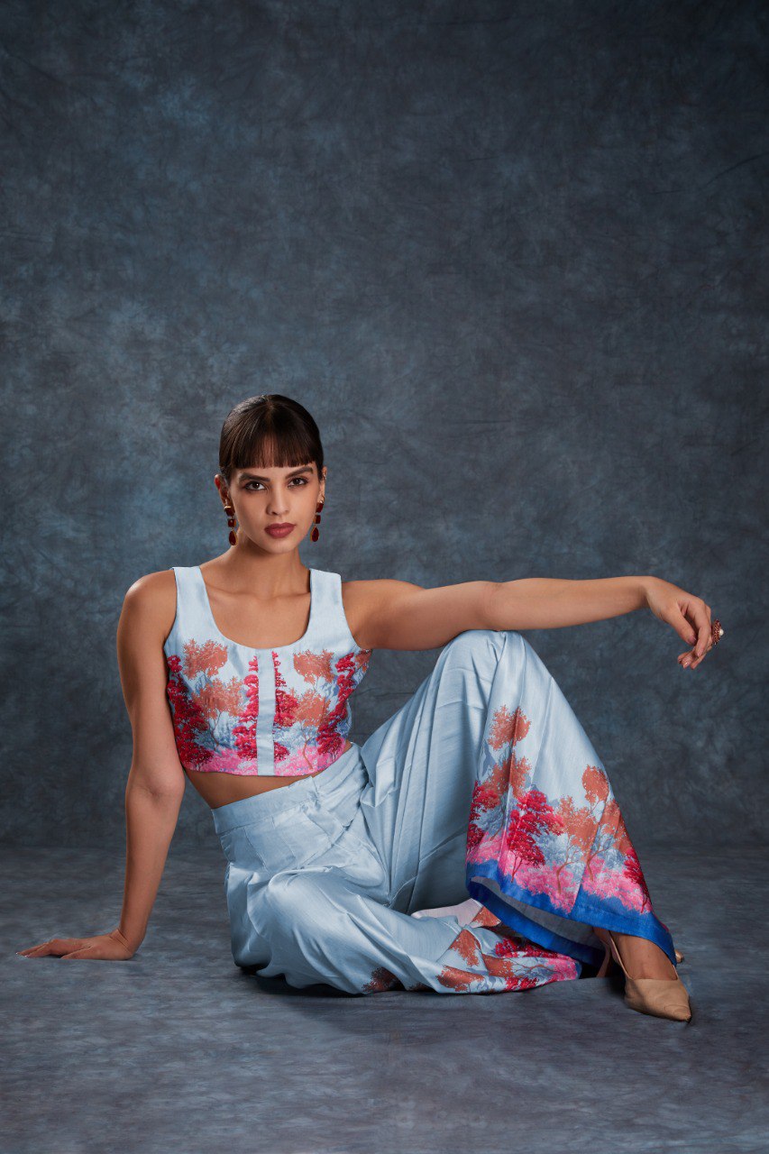 Sky Blue Chic Printed Satin Co-Ord Set Top & Pant