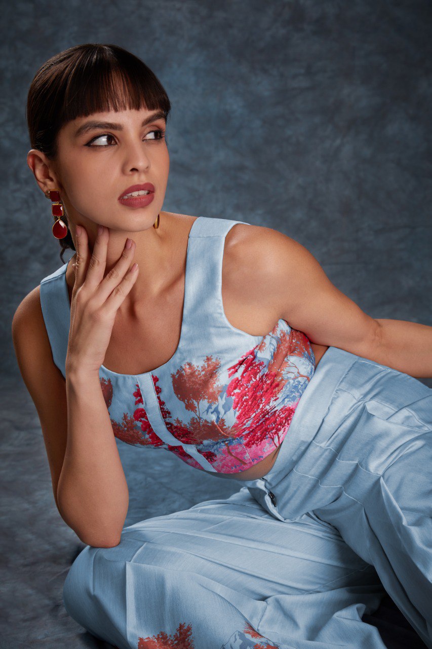 Sky Blue Chic Printed Satin Co-Ord Set Top & Pant