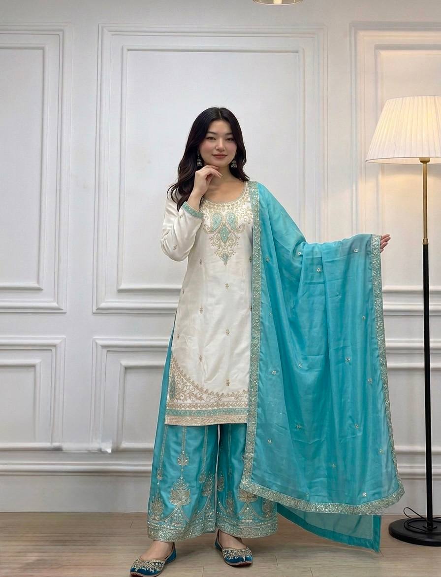 Sky Blue Chinon Silk Embroidered Palazzo Suit