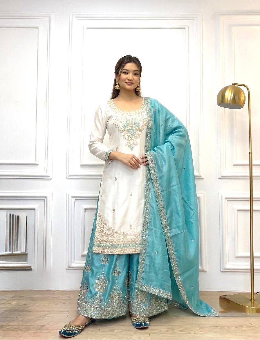 Sky Blue Chinon Silk Embroidered Palazzo Suit