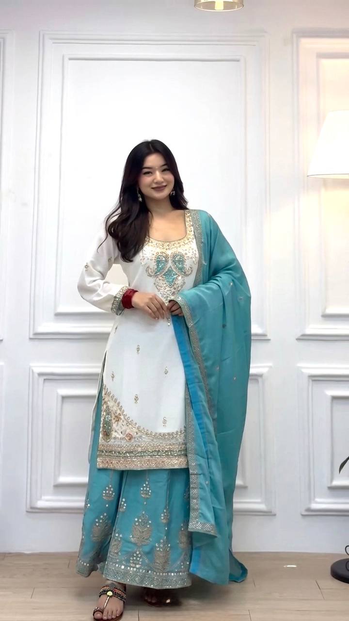Sky Blue Chinon Silk Embroidered Palazzo Suit