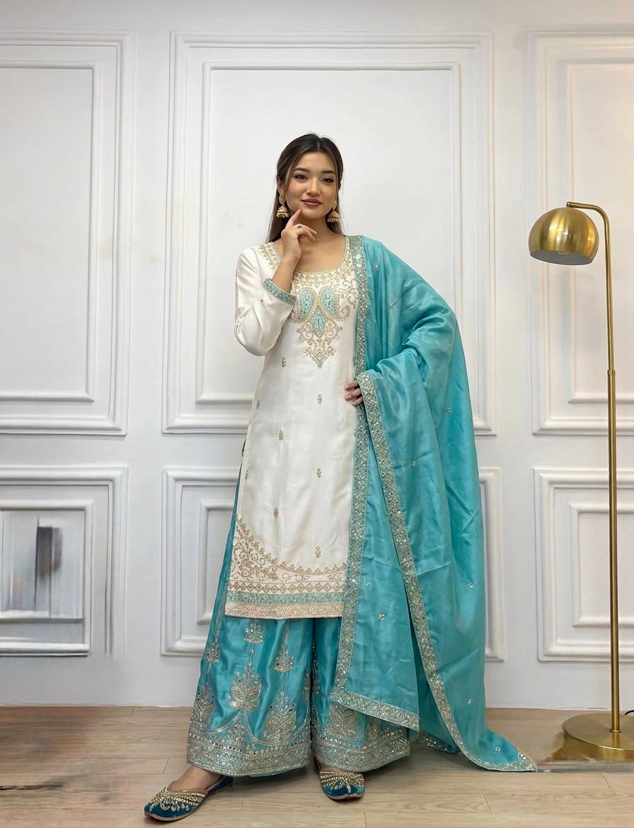 Sky Blue Chinon Silk Embroidered Palazzo Suit