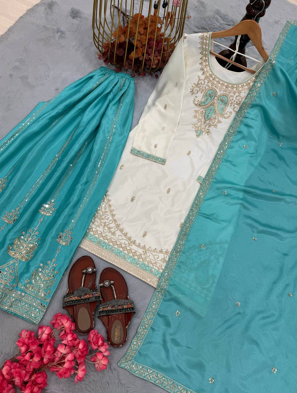 Sky Blue Chinon Silk Embroidered Palazzo Suit