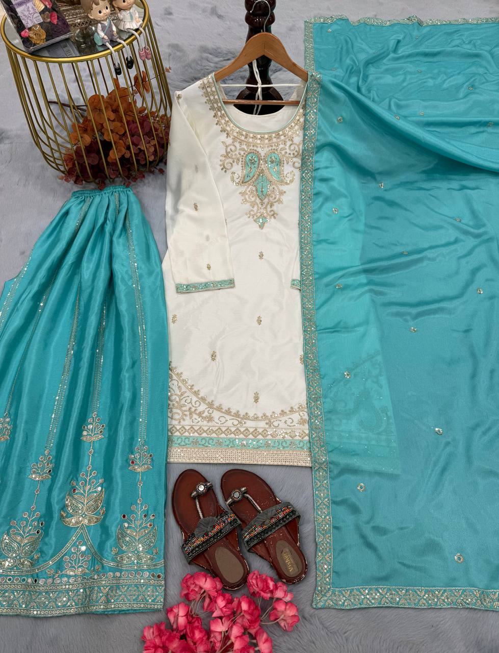 Sky Blue Chinon Silk Embroidered Palazzo Suit