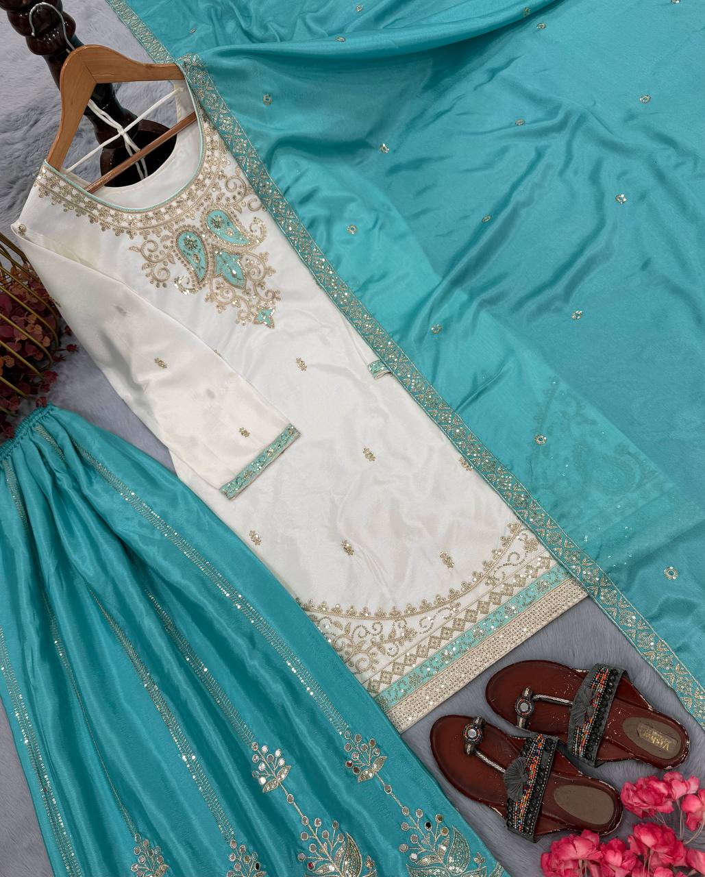 Sky Blue Chinon Silk Embroidered Palazzo Suit