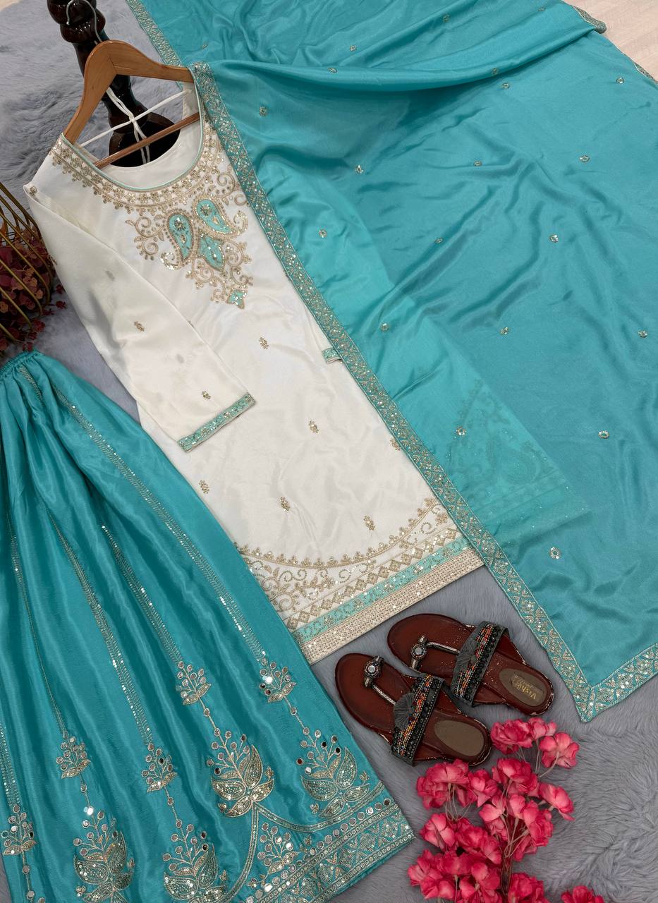 Sky Blue Chinon Silk Embroidered Palazzo Suit