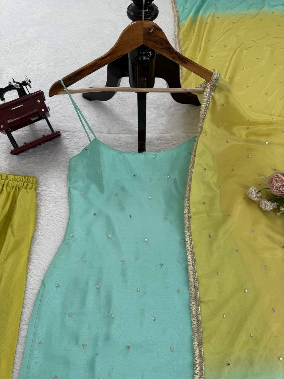 Sky Blue Chinon Silk Sequins Embroidered Palazzo Set with Dupatta