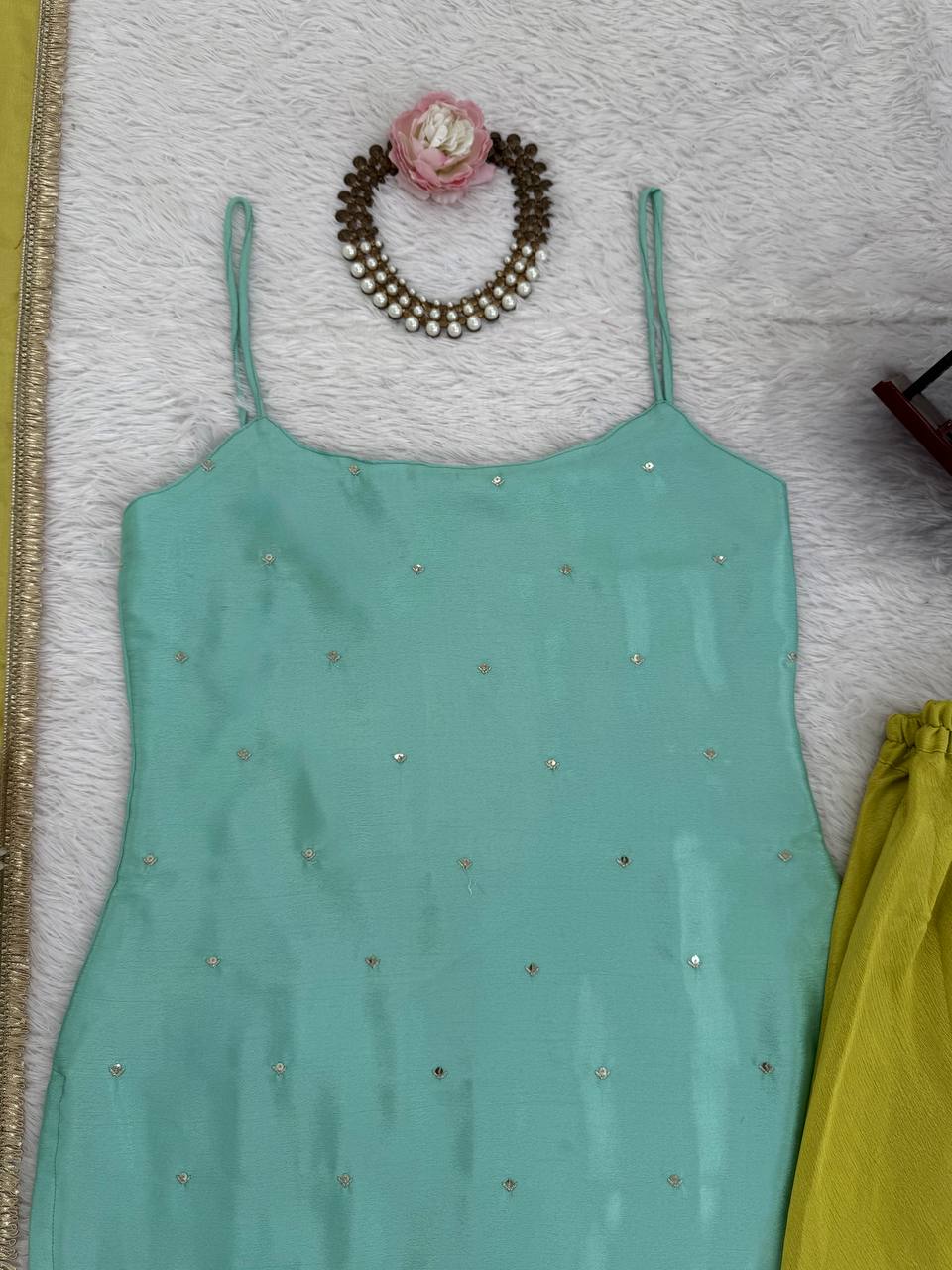 Sky Blue Chinon Silk Sequins Embroidered Palazzo Set with Dupatta