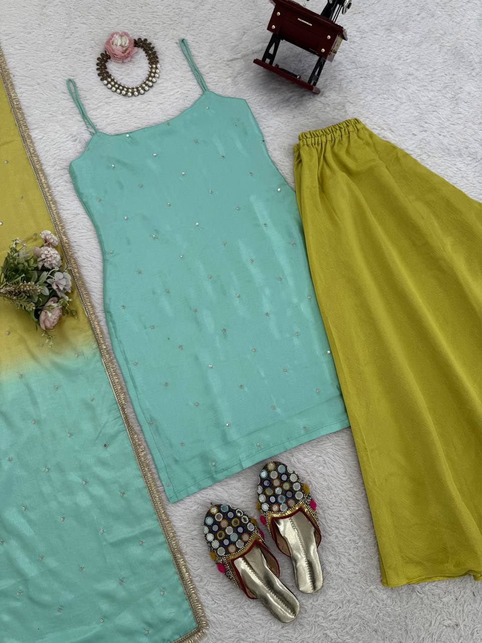 Sky Blue Chinon Silk Sequins Embroidered Palazzo Set with Dupatta