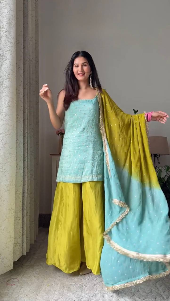 Sky Blue Chinon Silk Sequins Embroidered Palazzo Set with Dupatta