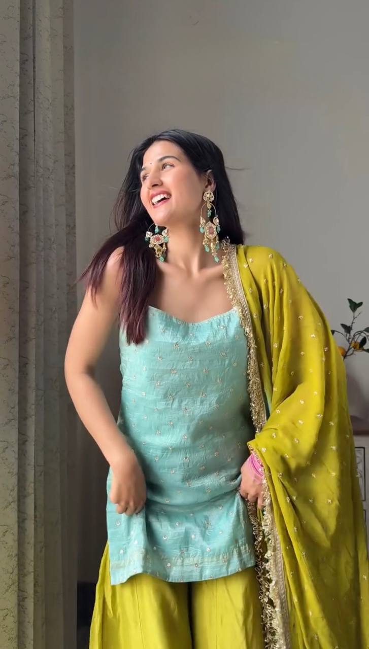 Sky Blue Chinon Silk Sequins Embroidered Palazzo Set with Dupatta