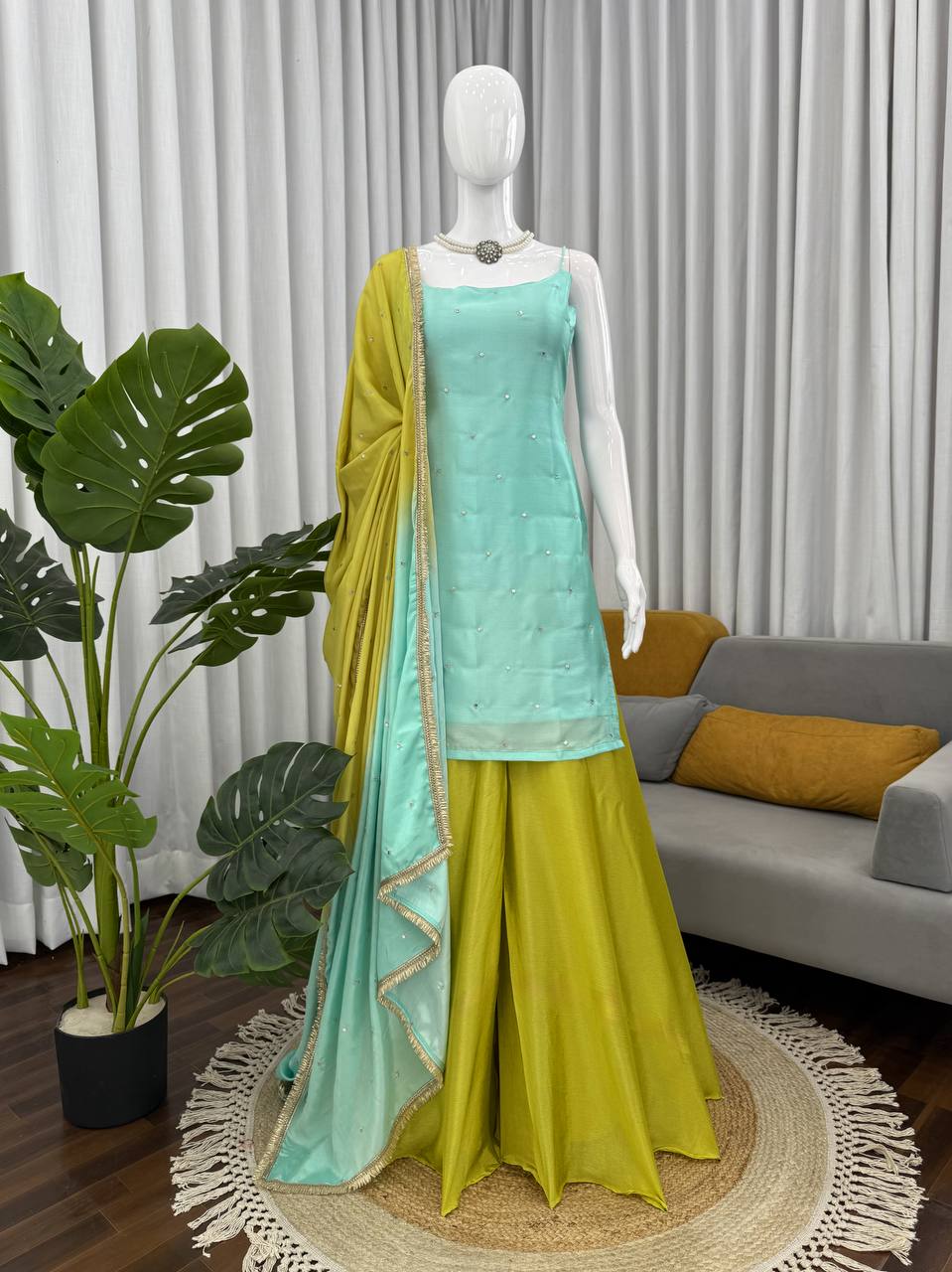 Sky Blue Chinon Silk Sequins Embroidered Palazzo Set with Dupatta