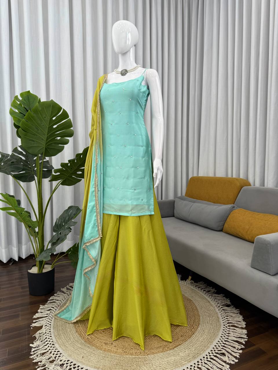 Sky Blue Chinon Silk Sequins Embroidered Palazzo Set with Dupatta