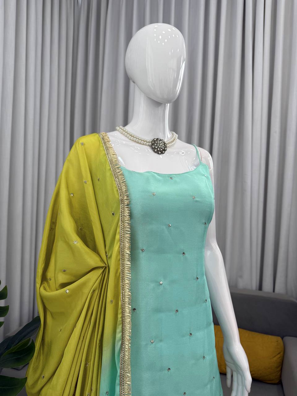 Sky Blue Chinon Silk Sequins Embroidered Palazzo Set with Dupatta