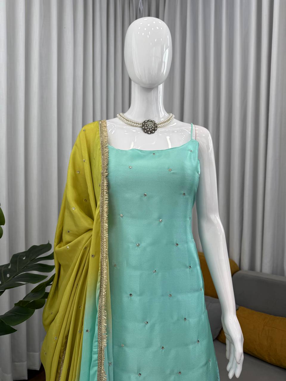 Sky Blue Chinon Silk Sequins Embroidered Palazzo Set with Dupatta
