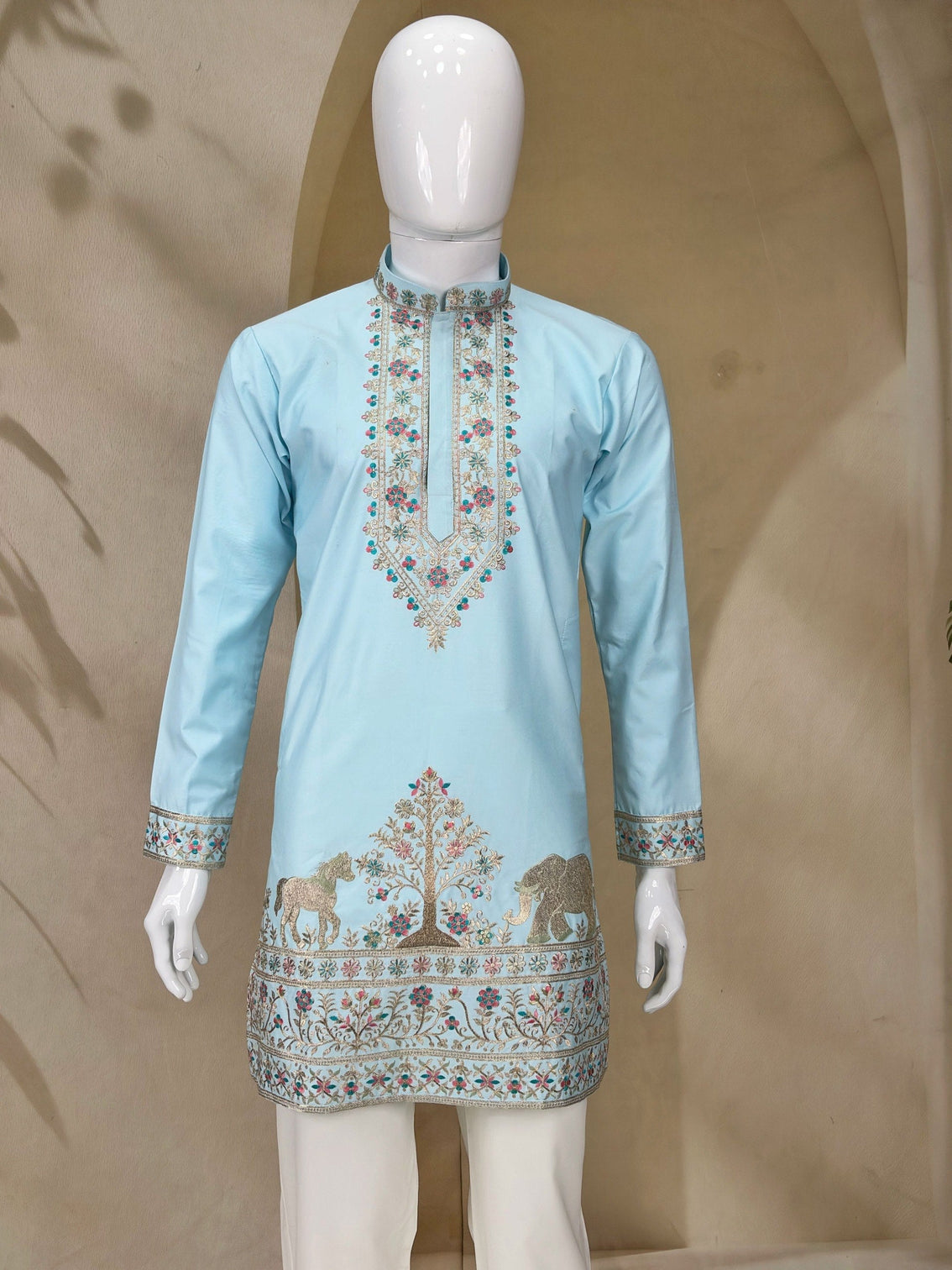 Sky Blue Coach Silk Kurta Pant Set