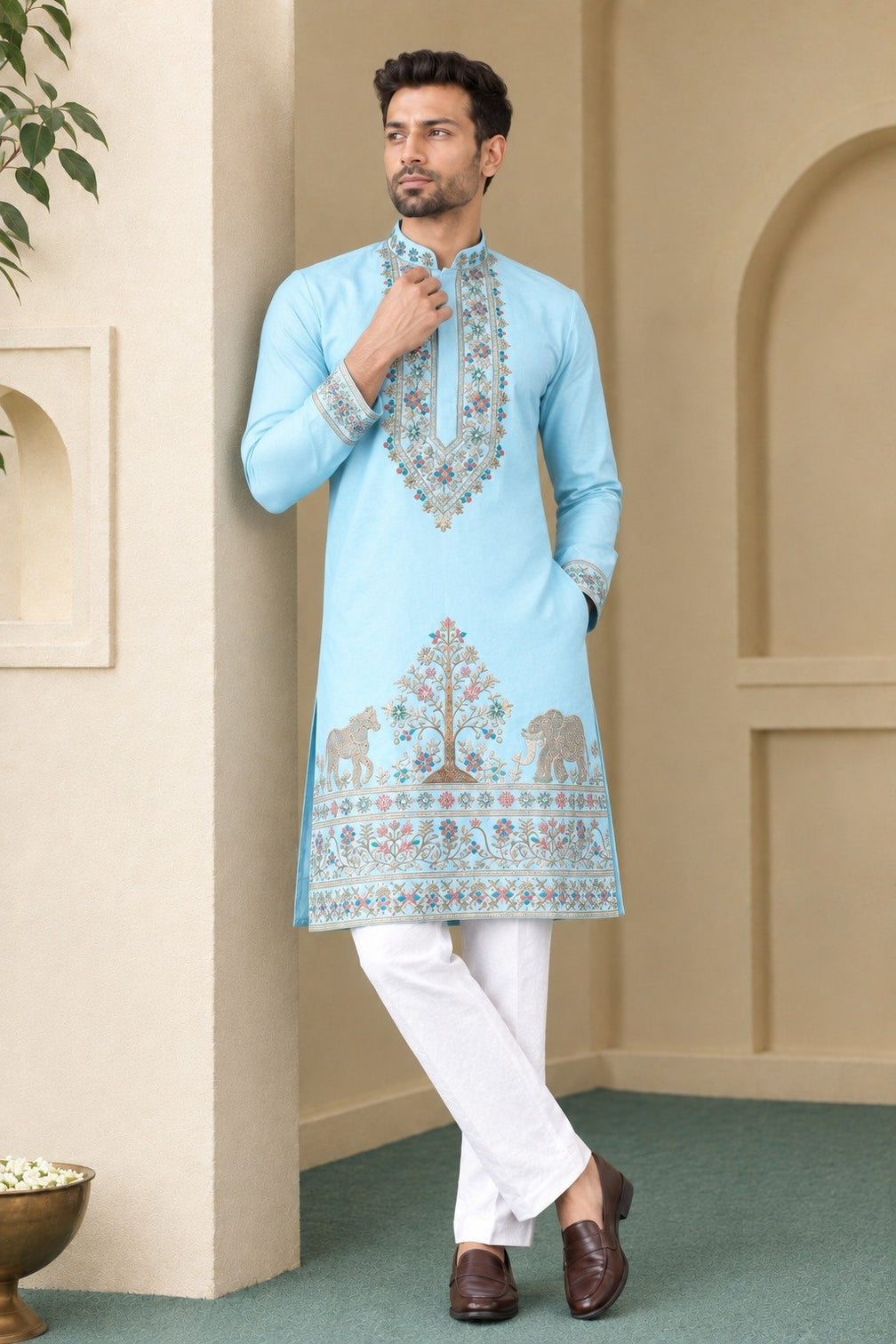 Sky Blue Coach Silk Kurta Pant Set