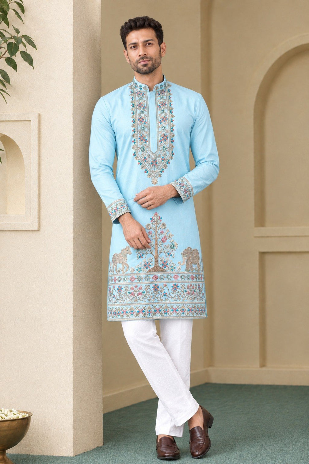 Sky Blue Coach Silk Kurta Pant Set