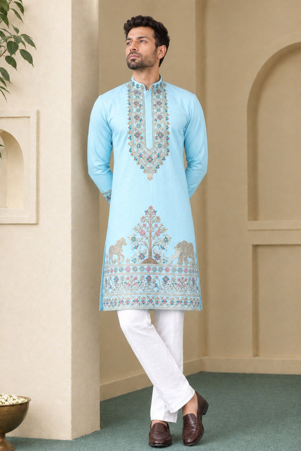 Sky Blue Coach Silk Kurta Pant Set