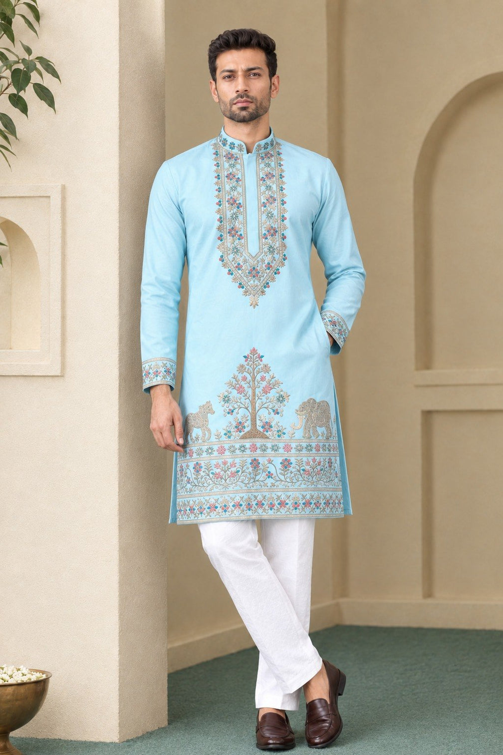 Sky Blue Coach Silk Kurta Pant Set