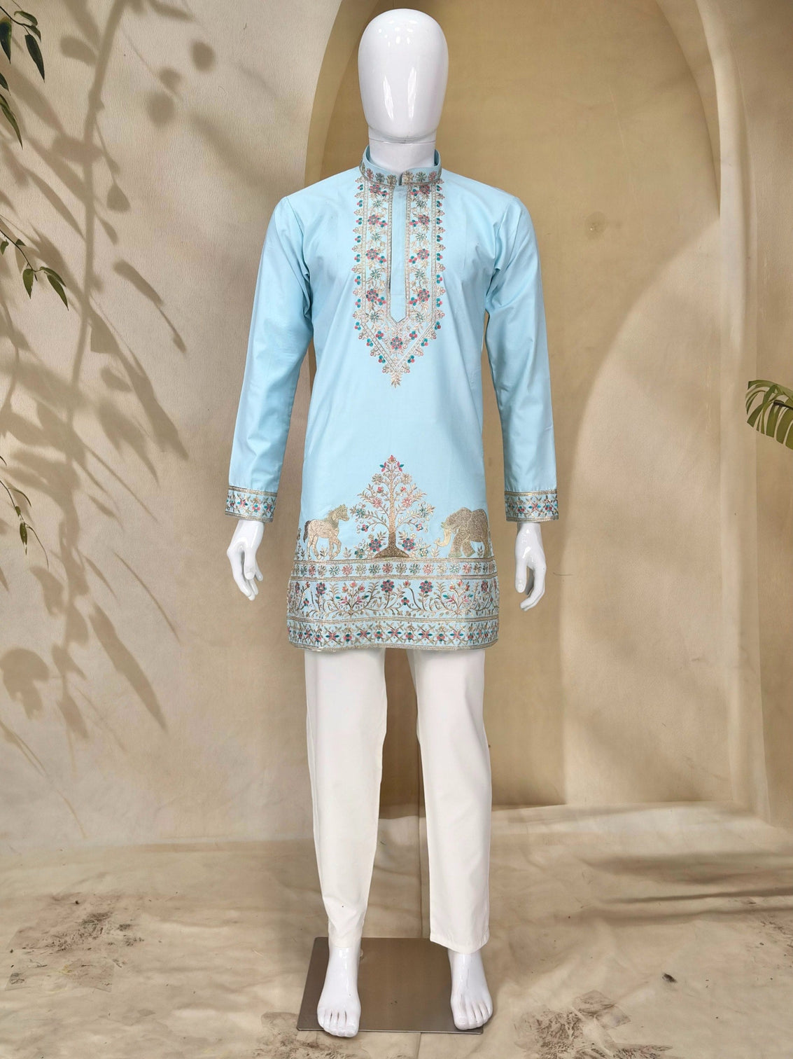 Sky Blue Coach Silk Kurta Pant Set