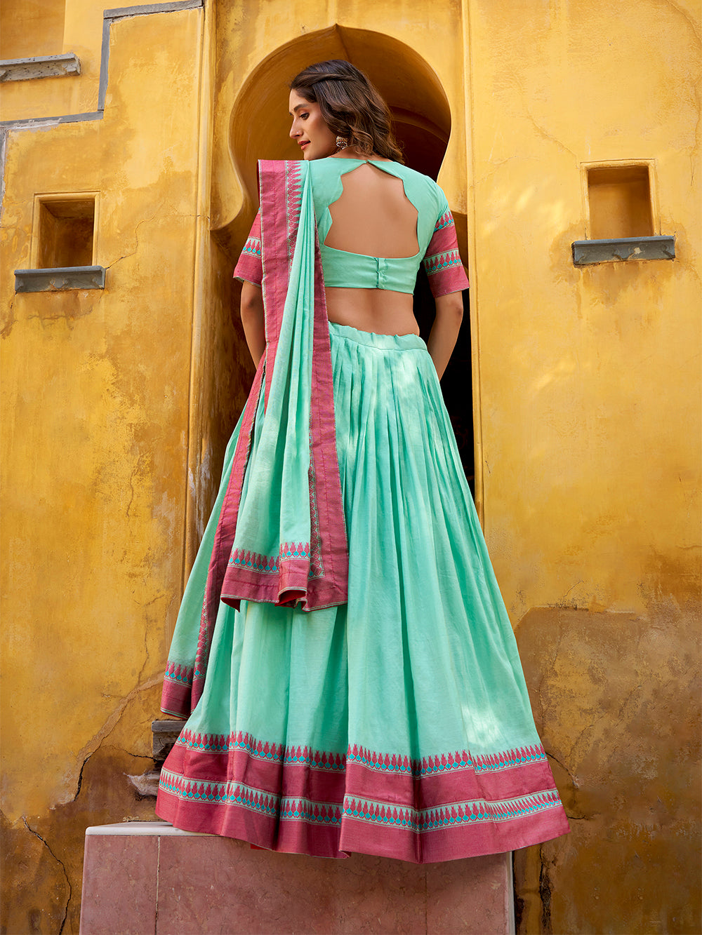 Sky blue color thread work with chanderi lehenga