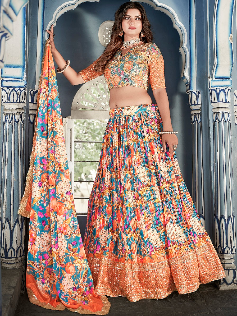 Sky Blue Color Digital Print With Sequins Embroidery Work Crushed Chinon Lehenga Choli