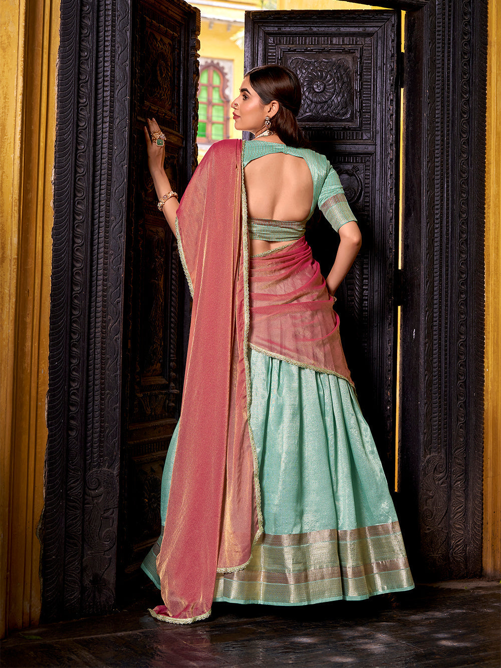 Sky blue dupion silk lehenga choli with zari weaving border shimmer lace dupatta